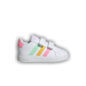 Size 9 Toddler Adidas Kids Sneakers with Pink, Yellow, and Green Stripes